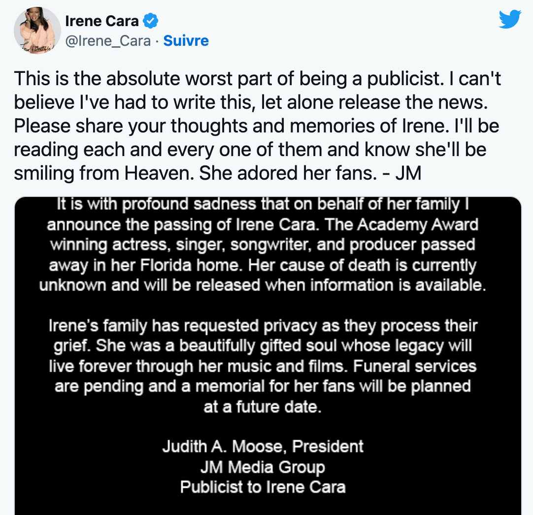 Cara's death was announced on Twitter by her agent